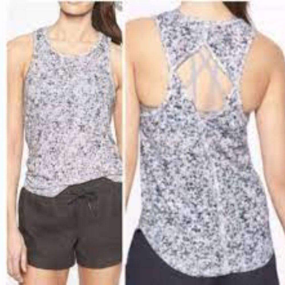 Athleta Breezy Printed Cutout Navy Blue Speckled Tank Size S